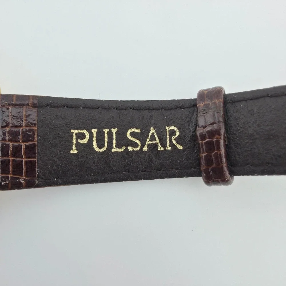 Vintage SEIKO PULSAR Watch 730978 Brown Snake Skin Band Gold Plate 8